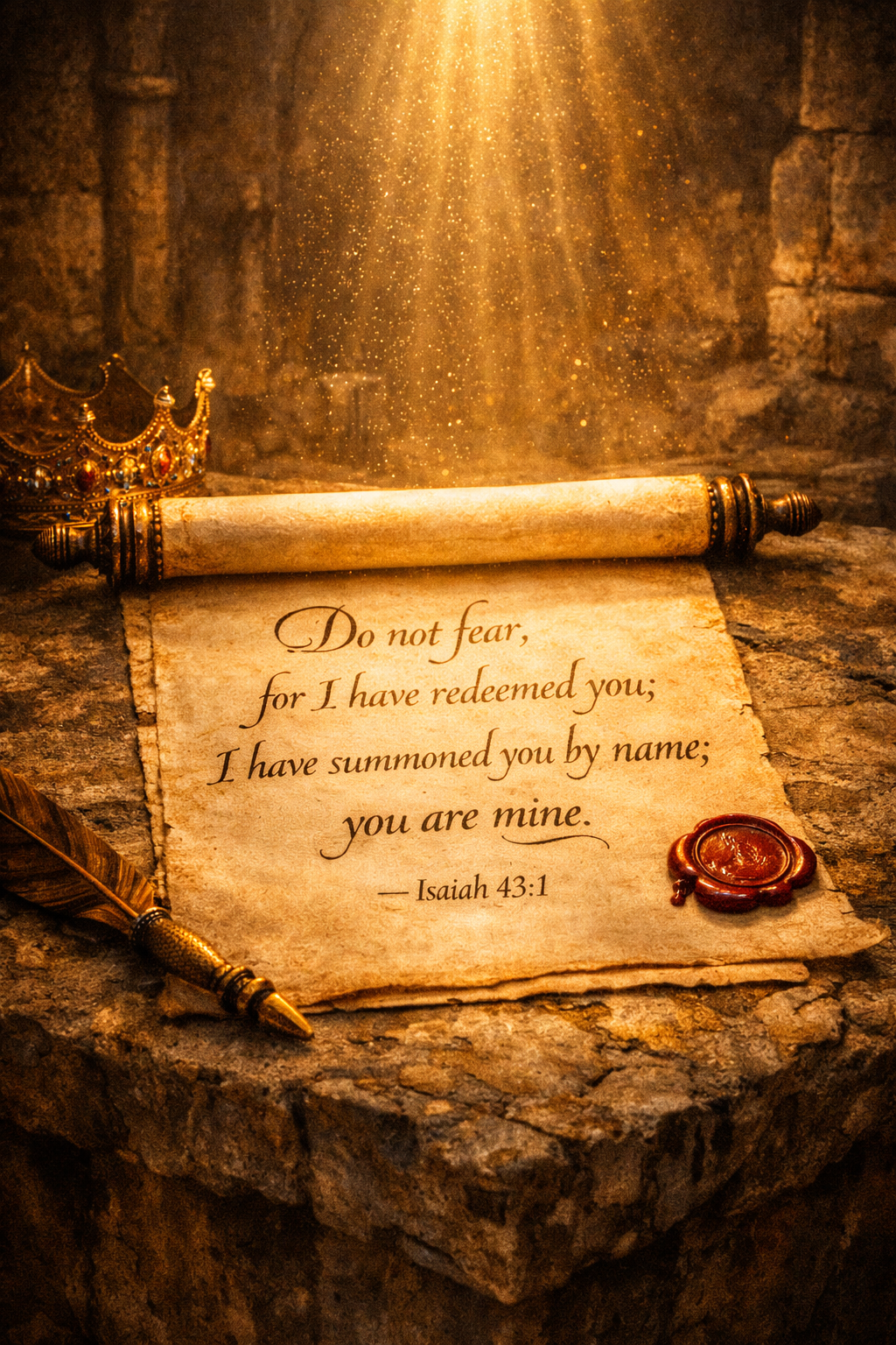 Isaiah 43:1 vertical wallpaper ancient scroll on stone table with golden light - called by name you are mine